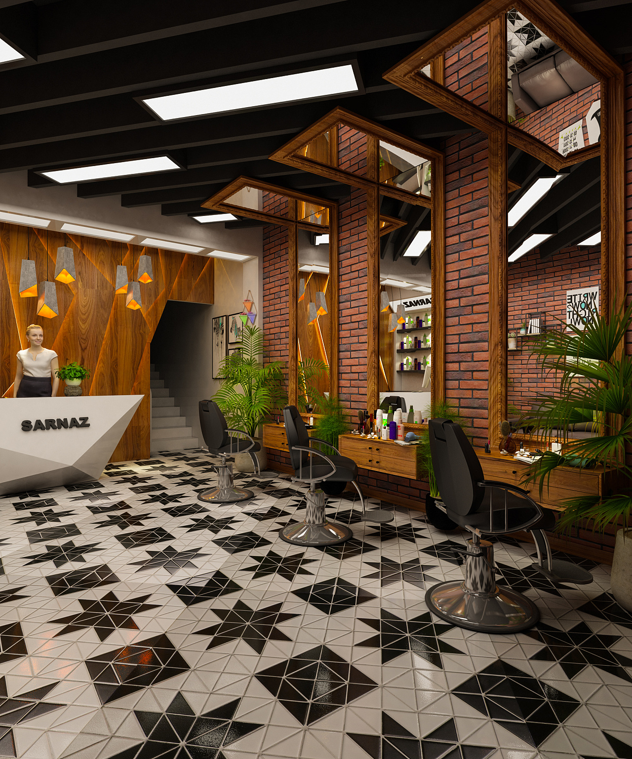 理發店效果圖 發廊裝修設計 理發店室內設計 室內裝修 美容店